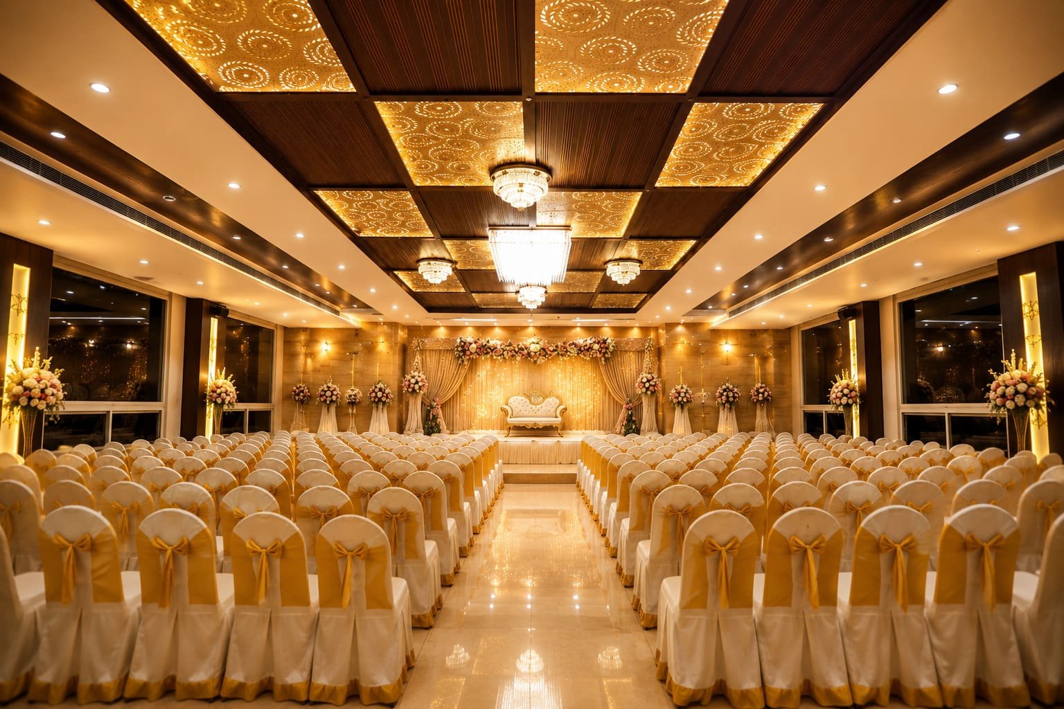 Grand banquet hall at Vishal Royal set for a wedding, with a floral stage and seating for hundreds of guests